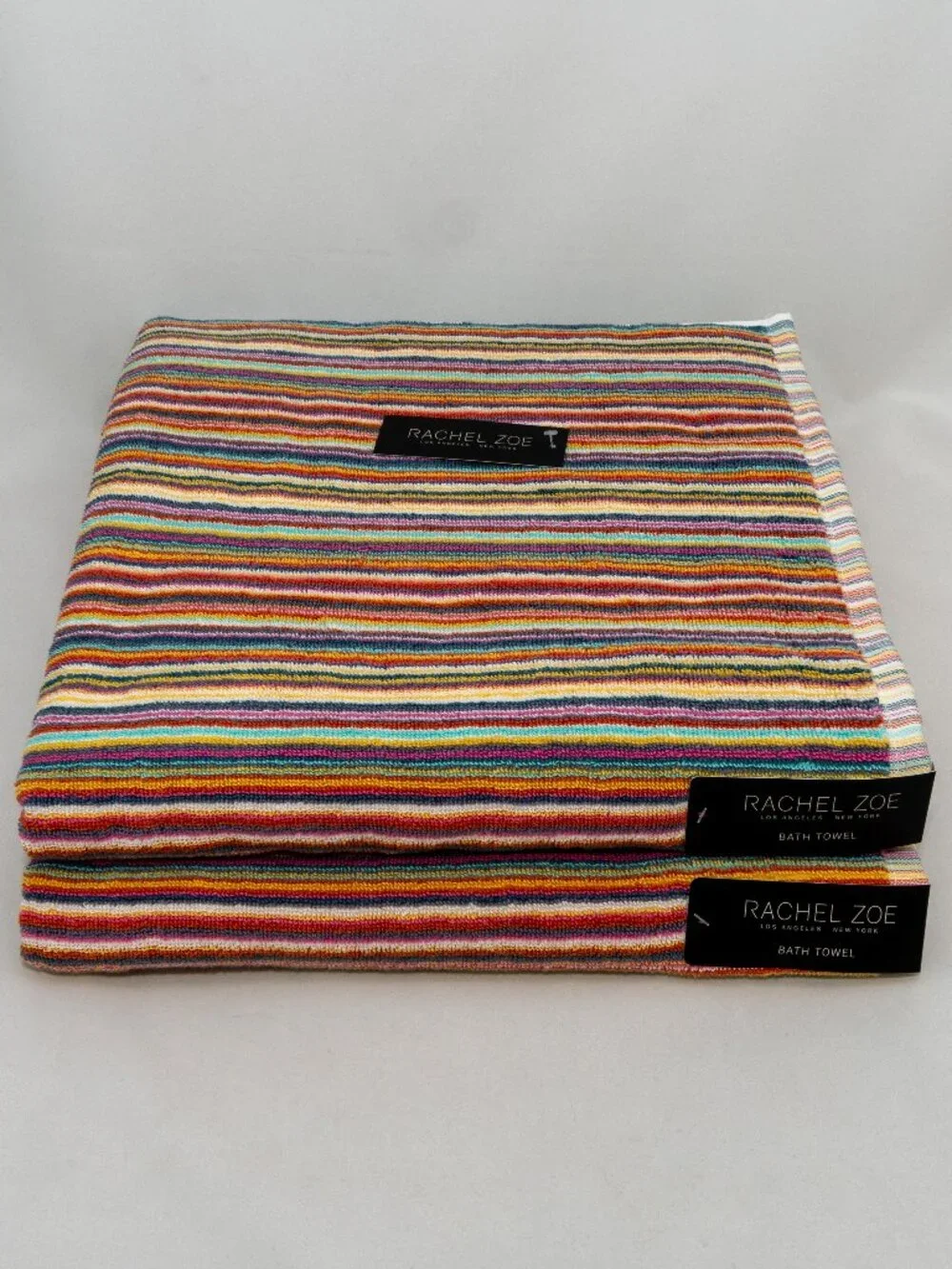 NWT Rachel Zoe Bath Towels Set of 2 Retro Multi Color Stripe Luxury Ribbed Boho